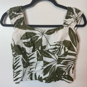Abercrombie & Fitch Olive Leaf Print Linen Like Crop Top